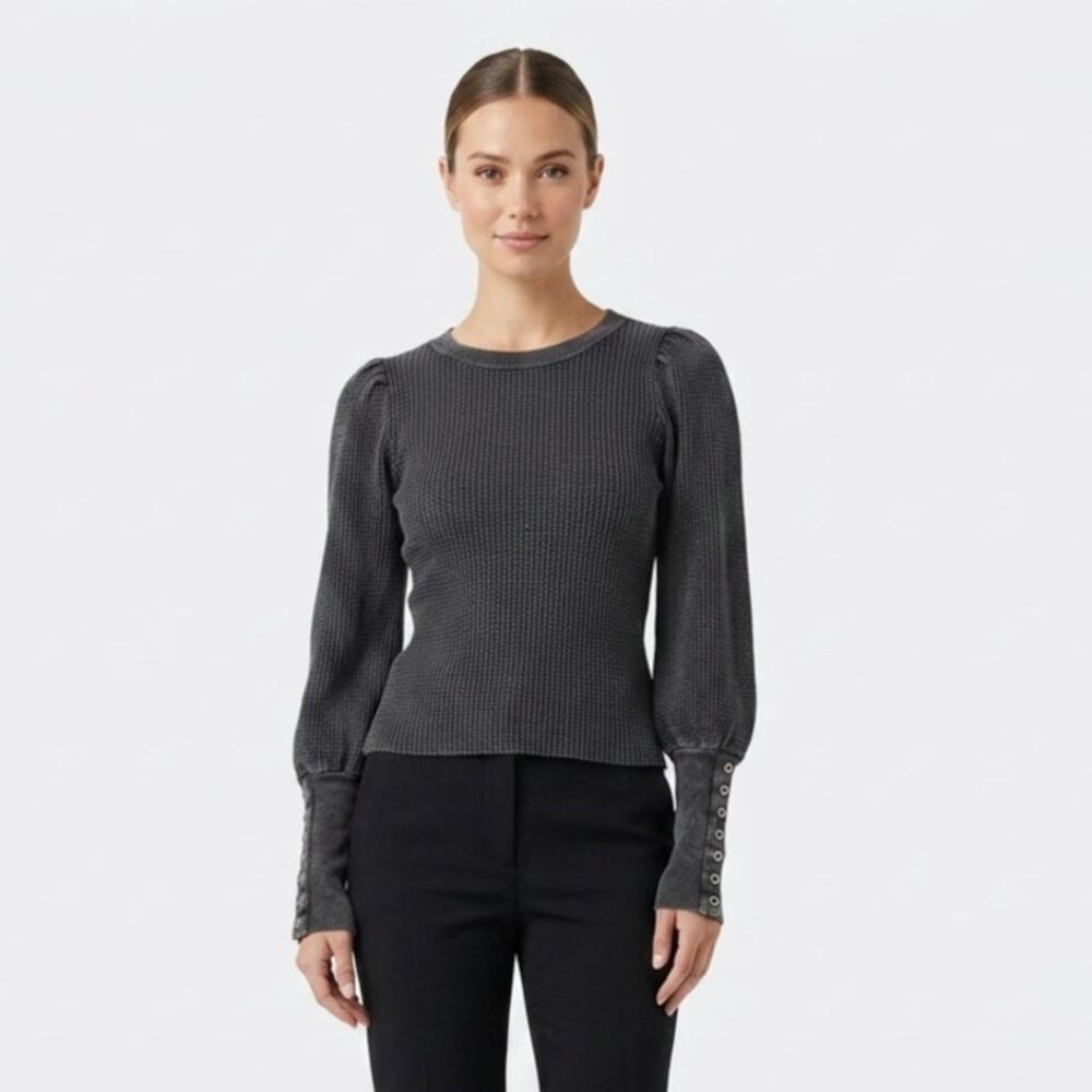 NWT Free People One Wesley Thermal Top Womens S Black Waffle Knit Button Cuff